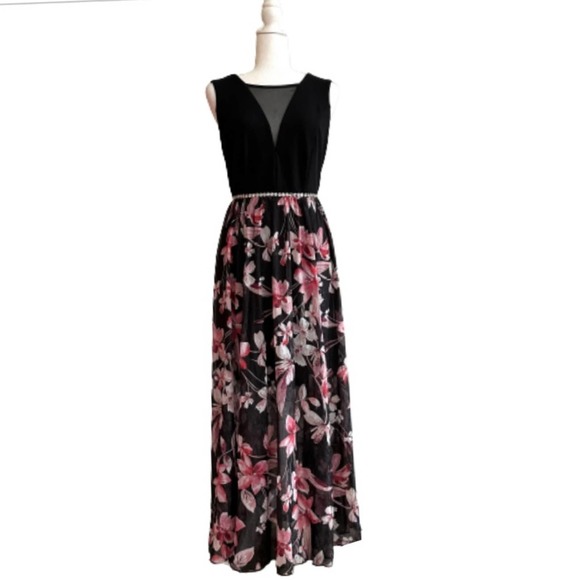 Alexa B Nites Dresses & Skirts - Alexa B Nites Black Pink Floral Sleeveless Rhinestone Waist Maxi Dress Size 6